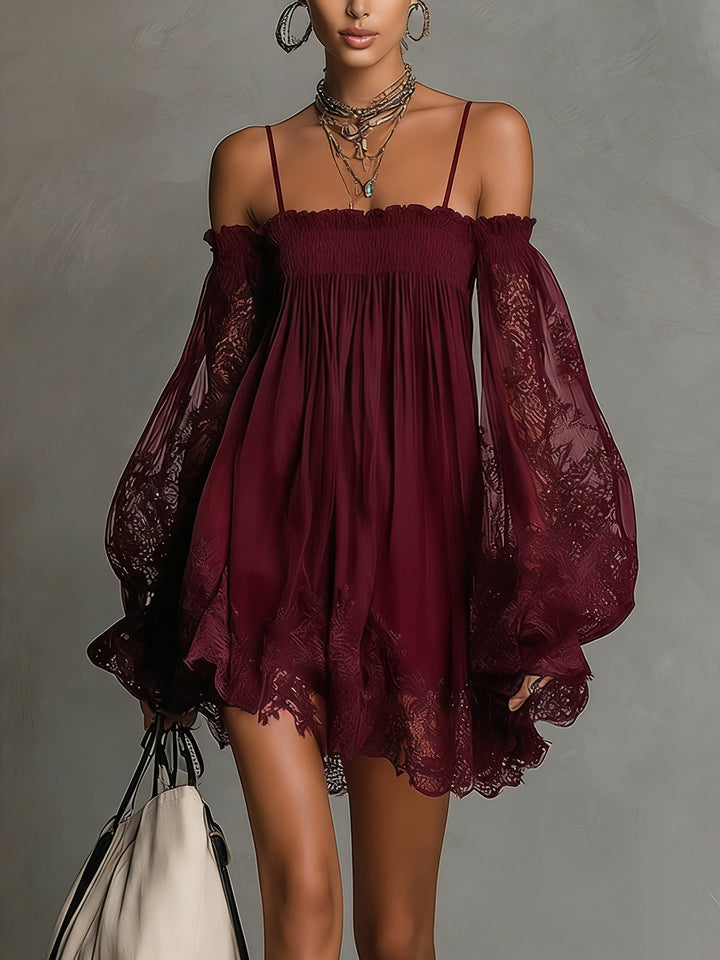 Naomi | Dark blue chiffon mini dress with off-the-shoulder neckline, lace details and sheer sleeves