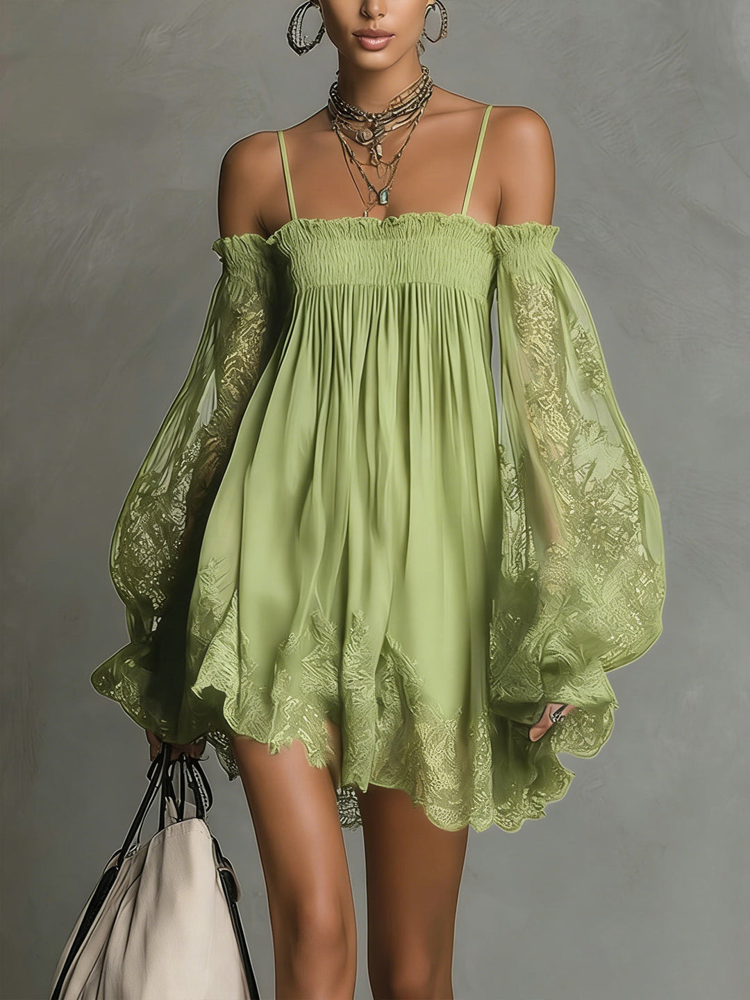 Naomi | Dark blue chiffon mini dress with off-the-shoulder neckline, lace details and sheer sleeves