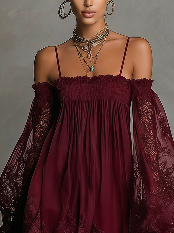 Naomi | Dark blue chiffon mini dress with off-the-shoulder neckline, lace details and sheer sleeves