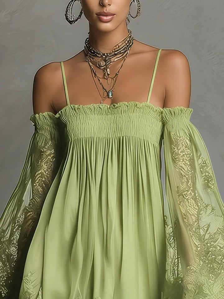 Naomi | Dark blue chiffon mini dress with off-the-shoulder neckline, lace details and sheer sleeves
