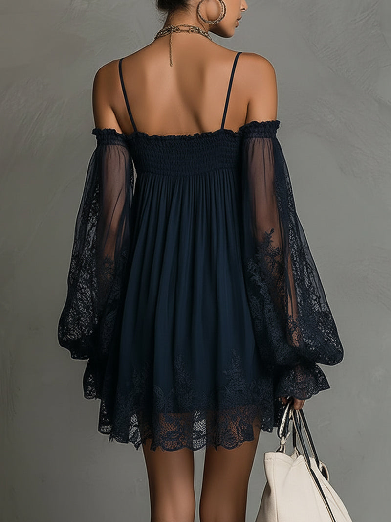 Naomi | Dark blue chiffon mini dress with off-the-shoulder neckline, lace details and sheer sleeves