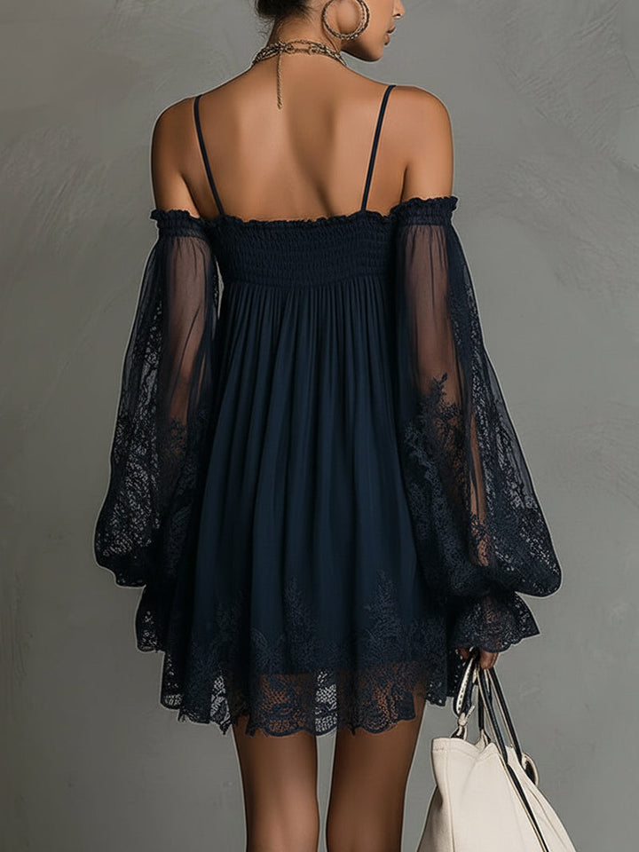 Naomi | Dark blue chiffon mini dress with off-the-shoulder neckline, lace details and sheer sleeves