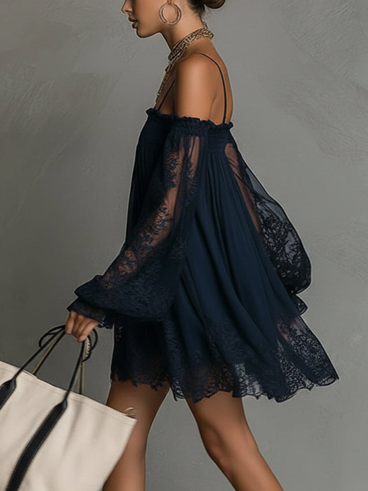 Naomi | Dark blue chiffon mini dress with off-the-shoulder neckline, lace details and sheer sleeves