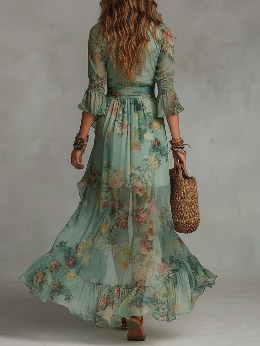 Aurora – Boho kvetinové maxi šaty s romantickým asymetrickým lemom