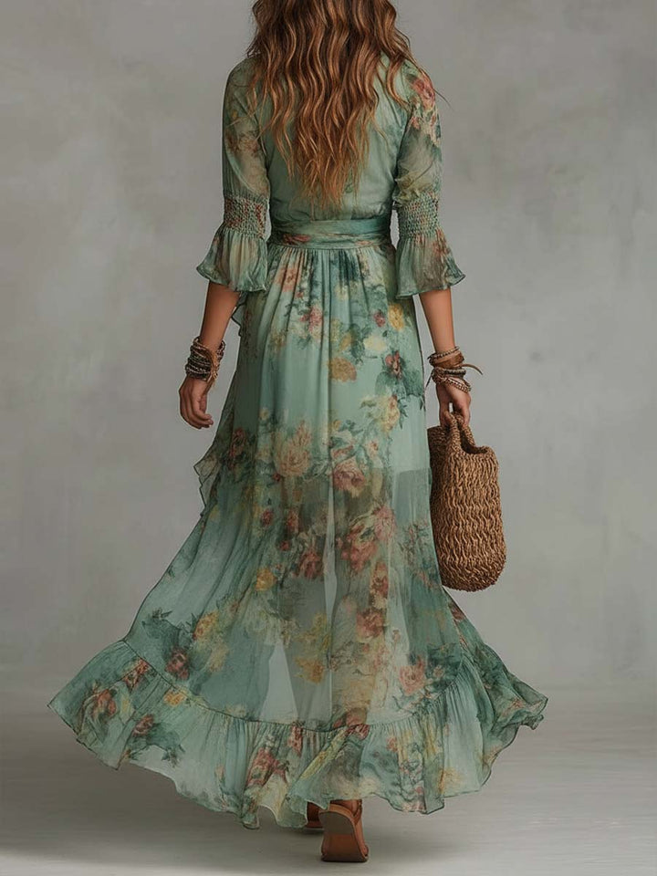 Aurora – Boho kvetinové maxi šaty s romantickým asymetrickým lemom