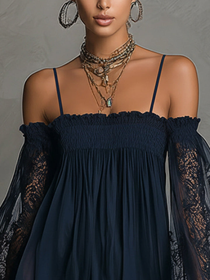 Naomi | Dark blue chiffon mini dress with off-the-shoulder neckline, lace details and sheer sleeves