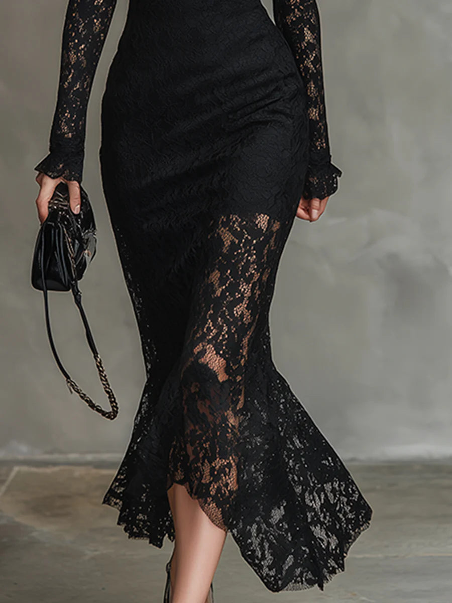 Teresa - Elegantné elastické čierne čipkované maxi šaty s rybím chvostom