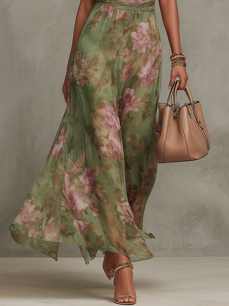 Pokojný | Dlhé zelené kvetinové šifónové šaty s ohlávkovým výstrihom