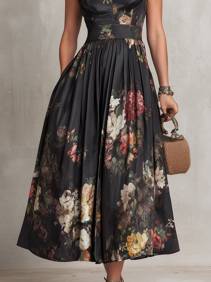Violetta - Black Floral Print Satin Plisse Midi Dress with Keyhole Neck