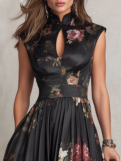 Violetta - Black Floral Print Satin Plisse Midi Dress with Keyhole Neck