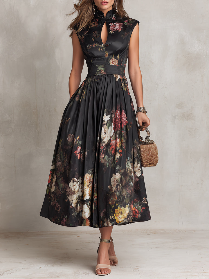 Violetta - Black Floral Print Satin Plisse Midi Dress with Keyhole Neck