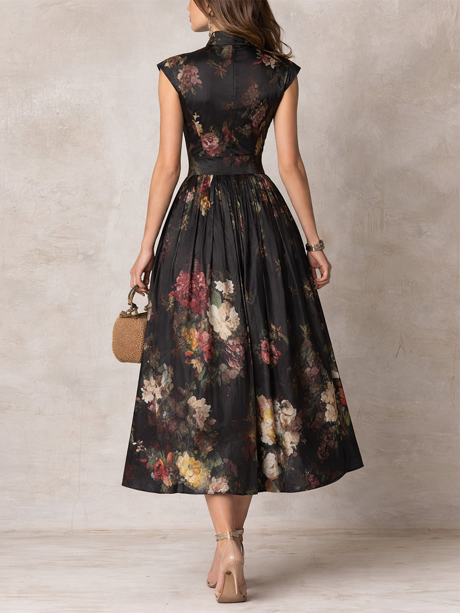 Violetta - Black Floral Print Satin Plisse Midi Dress with Keyhole Neck
