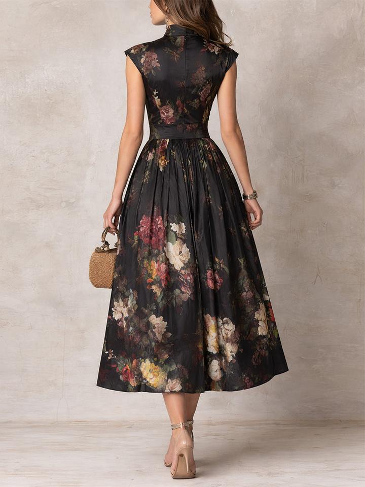 Violetta - Black Floral Print Satin Plisse Midi Dress with Keyhole Neck