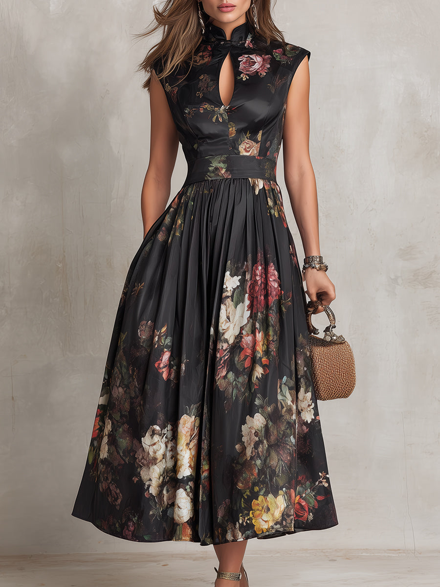 Violetta - Black Floral Print Satin Plisse Midi Dress with Keyhole Neck