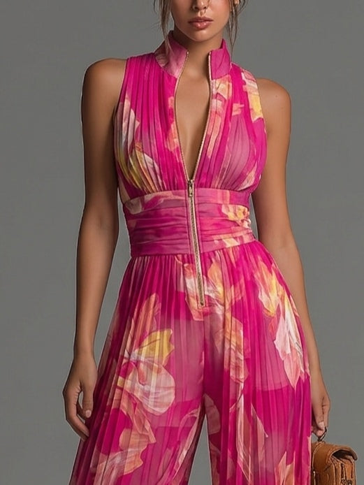 Basic floral pleated chiffon fuchsia jumpsuit