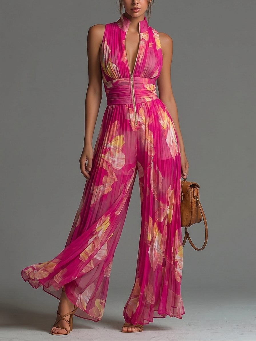 Basic floral pleated chiffon fuchsia jumpsuit