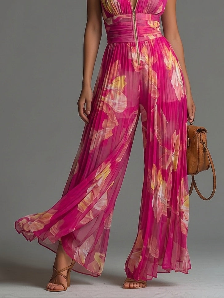 Basic floral pleated chiffon fuchsia jumpsuit