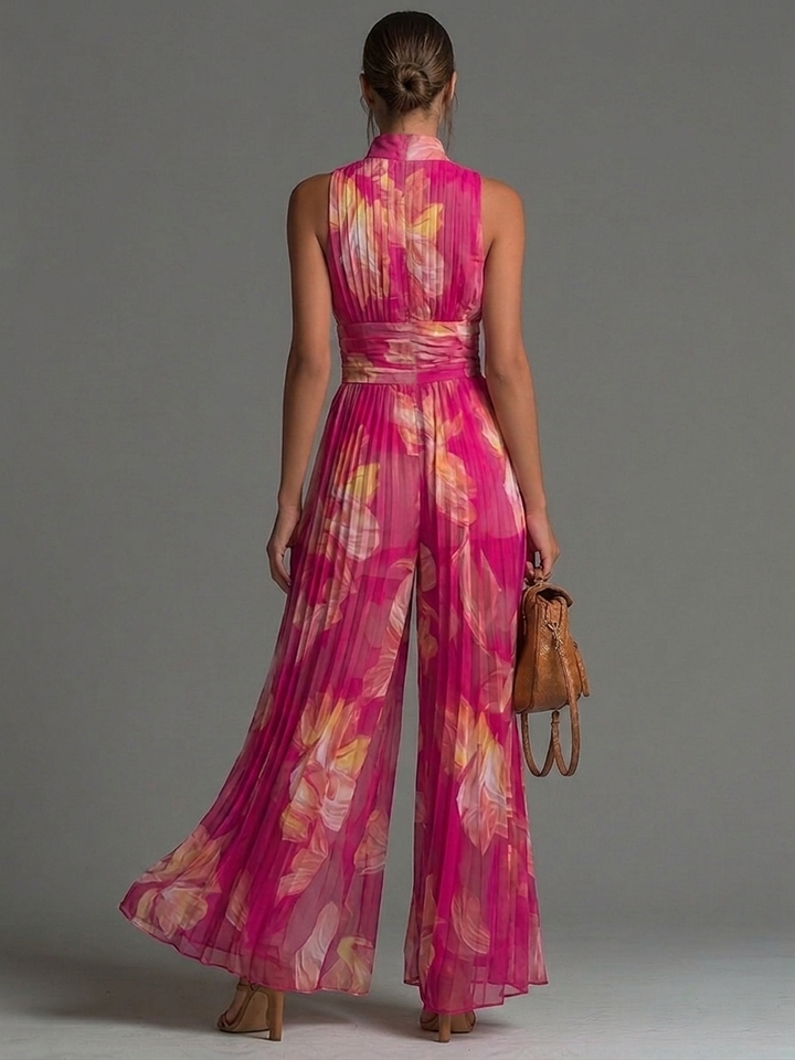 Basic floral pleated chiffon fuchsia jumpsuit