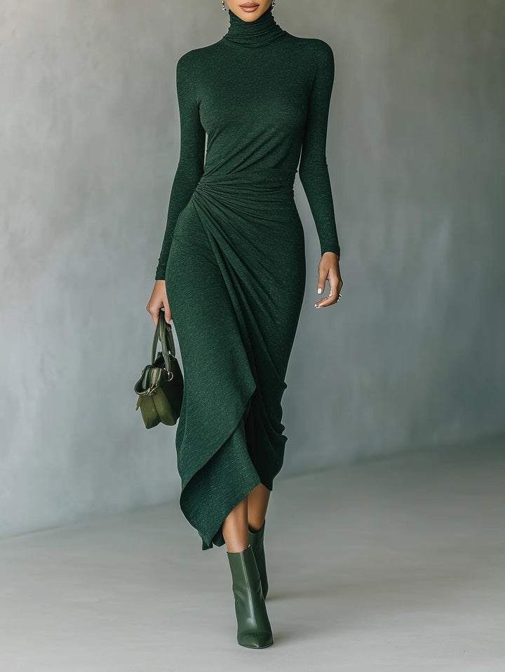 Lenora - Asymmetric draped high-neck midi dress in dark green