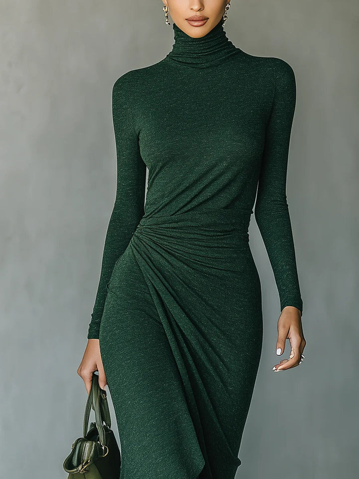 Lenora - Asymmetric draped high-neck midi dress in dark green