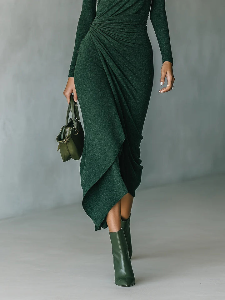 Lenora - Asymmetric draped high-neck midi dress in dark green