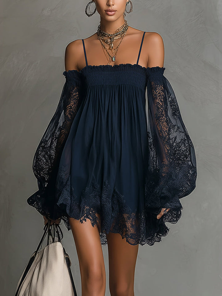 Naomi | Dark blue chiffon mini dress with off-the-shoulder neckline, lace details and sheer sleeves