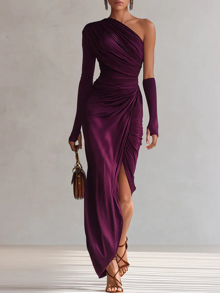 Rosalía – elegantné, sexi, fialové maxi šaty na jedno rameno