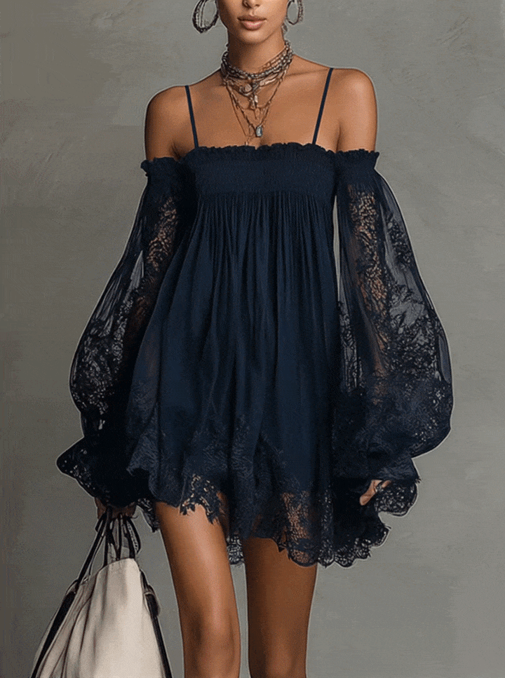 Naomi | Dark blue chiffon mini dress with off-the-shoulder neckline, lace details and sheer sleeves