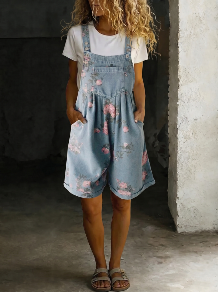 Adriana - Kvetinový džínsový overal z jemnej bavlny s vintage úpravou