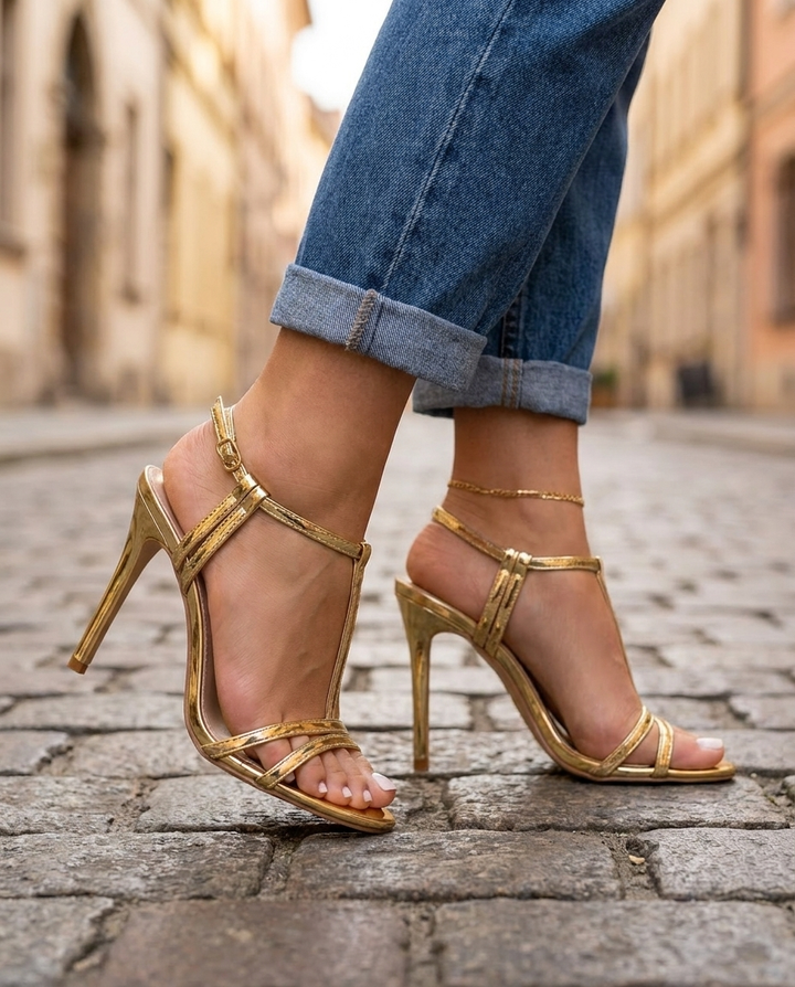 Vivienne | Zlaté metalické T-páskové stiletto podpätky