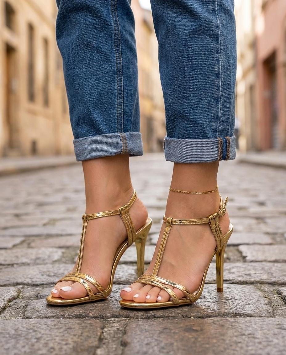 Vivienne | Zlaté metalické T-páskové stiletto podpätky
